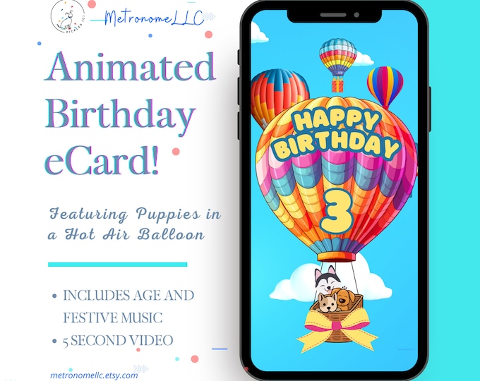 Featured listing image: 3rd Birthday Card, Animated Birthday Card, Kid Musical Digital eCard, Instant Download, Puppy Hot Air Balloon, DIY Social Media / Text App
