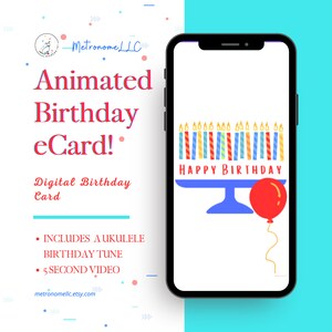 Musical Animated Birthday Card, Balloon Candles Ukulele Happy Birthday Song, Instant Download Digital eCard, Last Minute Gift, DIY Texting