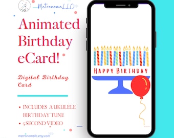 Musical Animated Birthday Card, Balloon Candles Ukulele Happy Birthday Song, Instant Download Digital eCard, Last Minute Gift, DIY Texting