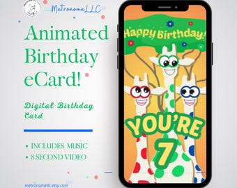 7th Birthday Card, Wacky Giraffe Animated Birthday eCard, Kids Digital Birthday Card & Birthday Song, DIY Social Media or Message App Gift