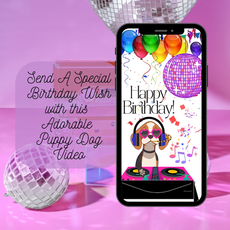Musical Animated Birthday Card - Instant Download - Digital Greeting Card, Disco DJ Dog BDay eCard, Text Messaging App, Happy Birthday Song image 2