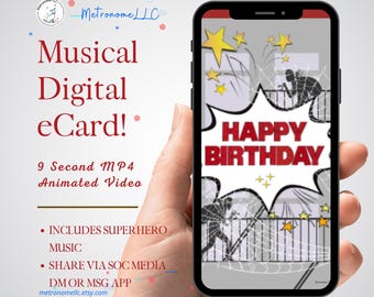 Musical Animated Birthday Card, Funny Happy Birthday eCard, MP4 Download, Digital Birthday Greeting, Social Media DM, Message App, Superhero