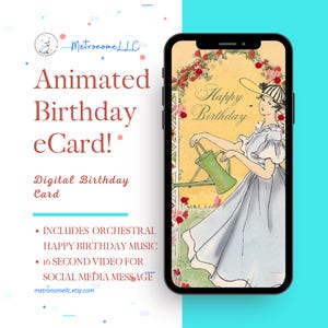 Happy Birthday Card For Her, Animated Art Deco Garden eCard & Orchestral Music, Social Media Message, Instant Download Gift, DIY Digital MP4