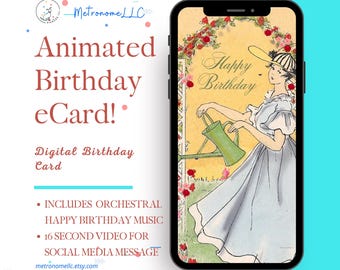 Happy Birthday Card For Her, Animated Art Deco Garden eCard & Orchestral Music, Social Media Message, Instant Download Gift, DIY Digital MP4