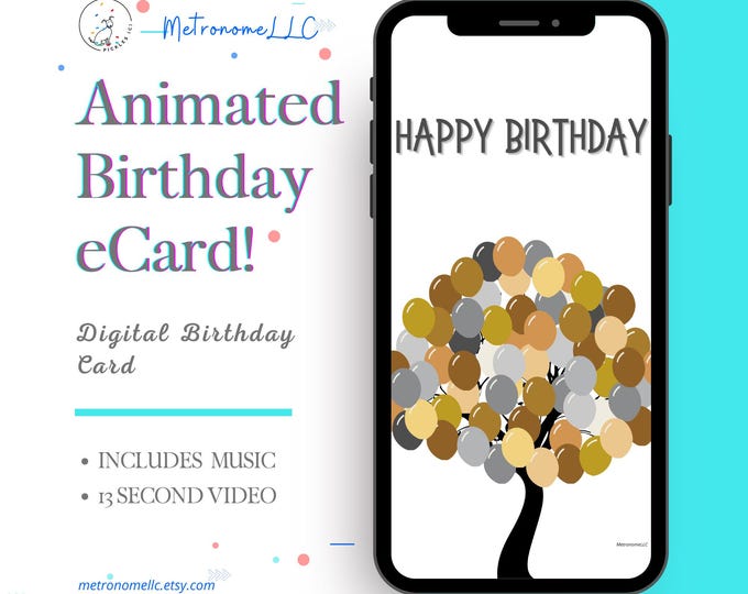 Featured listing image: Happy Birthday Card For Men, Animated Digital eCard, Balloon Tree & 60s Retro Music, Last Minute Instant Download, DIY Text Message Gift