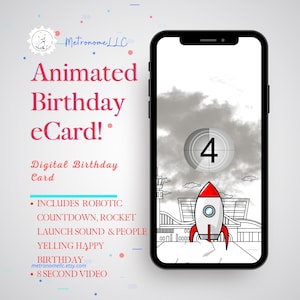 May include: A smartphone displays an animated birthday eCard with a rocket launch scene. The card includes a countdown, launch sound, and people yelling "Happy Birthday." Text on the left side reads "Animated Birthday eCard!" and "Digital Birthday Card."