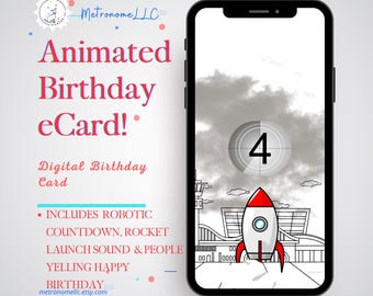 Animated Rocket Birthday eCard: Robotic Countdown (Instant Download) Digital Birthday Card, Crowd Yells Happy Birthday, DIY Last Minute Gift