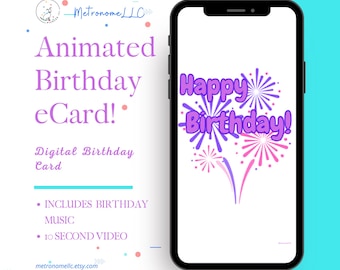 Happy Birthday Card, Animated Musical Digital Mobile eCard With Fun Music, Instant Download Last Minute Gift For Social Media Or Message App