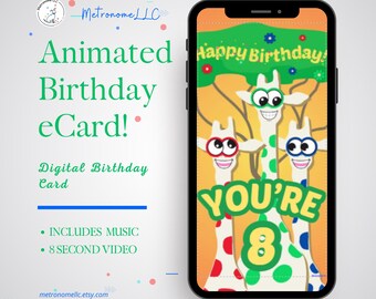 8th Birthday Card, Wacky Giraffe Animated Birthday eCard, Kids Digital Birthday Card & Birthday Song, DIY Social Media or Message App Gift