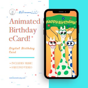 Kids Birthday Card, Googly-Eyed Giraffe Animated Birthday Card, Children's Digital Birthday eCard & Song, DIY Social Media Message App Gift