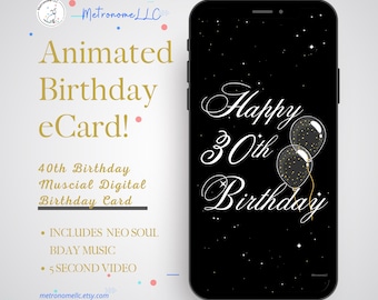 30th Birthday Card, eCard Birthday Card,  Balloon Musical Animated Birthday Card & Neo Soul Music, Last Minute Instant Download Gift