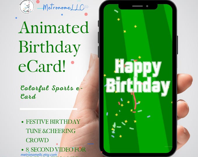 Featured listing image: Animated Birthday Card | Sports Theme, Happy Birthday Drumbeat w/ Cheering Crowd & Whistle | Musical DIY Social Media Message Digital e-Card