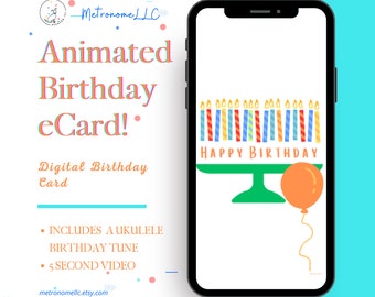 Musical Animated Birthday Card, Balloon Candles Ukulele Happy Birthday Song, Instant Download Digital eCard, Last Minute Gift, DIY Texting