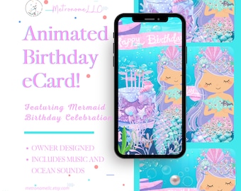 Girls Birthday eCard For Social Media Messaging, Ocean Mermaid with Music Underwater Sounds, Animated Greeting Cards, Kids Mermaidcore