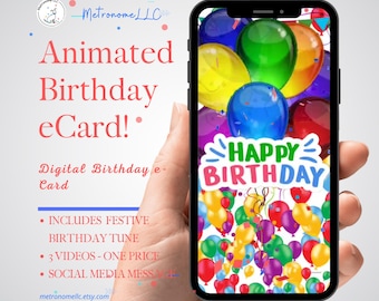 Musical Animated Birthday Card, Digital Download Balloon e-Card Festive Happy Birthday Tune Last Minute DIY Soc Med eCard Birthday Card Gift