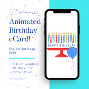 Musical Animated Birthday Card, Balloon Candles Ukulele Happy Birthday Song, Instant Download Digital eCard, Last Minute Gift, DIY Texting