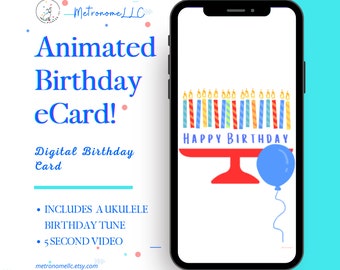 Musical Animated Birthday Card, Balloon Candles Ukulele Happy Birthday Song, Instant Download Digital eCard, Last Minute Gift, DIY Texting
