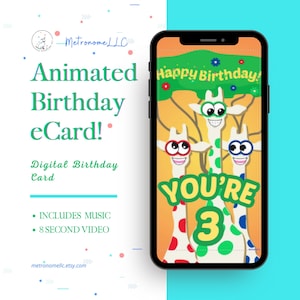 3rd Birthday Card, Wacky Giraffe Animated Birthday eCard, Kids Digital Birthday Card & Birthday Song, DIY Social Media or Message App Gift