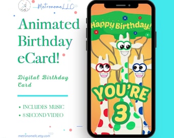 3rd Birthday Card, Wacky Giraffe Animated Birthday eCard, Kids Digital Birthday Card & Birthday Song, DIY Social Media or Message App Gift