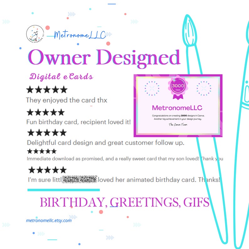 May include: A pink and purple certificate with the text "MetronomeLLC" and "Congratulations on creating 3000 designs in Canva. Another big achievement in your design journey. The Canva Team."  The certificate has a gold star with the number 3000 in the center. The certificate is surrounded by a pink and purple border. The background is white with pink and purple polka dots. The text "Owner Designed Digital eCards" is in a pink font. The text "MetronomeLLC" is in a black font. The text "They enjoyed the card thx" is in a black font. The text "Fun birthday card, recipient loved it!" is in a black font. The text "Delightful card design and great customer follow up." is in a black font. The text "Immediate download as promised, and a really sweet card that my son loved! Thank you" is in a black font. The text "I'm sure little loved her animated birthday card. Thanks!" is in a black font. The text "BIRTHDAY, GREETINGS, GIFS" is in a black font. The text "metronomellc.etsy.com" is in a black font.