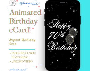 70th Birthday Digital eCard Birthday Card, Balloon Musical Animated Birthday Card & Classic Piano Music, Last Minute Instant Download Gift