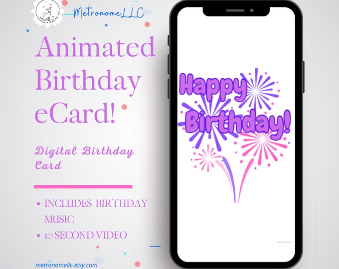 Featured listing image: Happy Birthday Card, Animated Musical Digital Mobile eCard With Fun Music, Instant Download Last Minute Gift For Social Media Or Message App