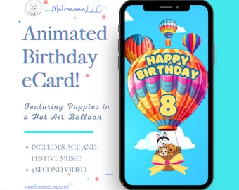 8th Birthday Card, Animated Birthday Card, Kid Musical Digital eCard, Instant Download, Puppy Hot Air Balloon, DIY Social Media / Text App