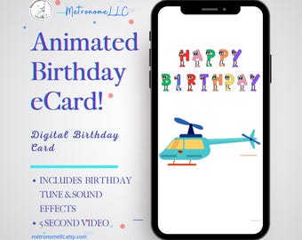 Birthday Card For Kid, Musical Animated Happy Birthday Helicopter Sound Effect, Textable Instant Download Digital eCard DIY Last Minute Gift