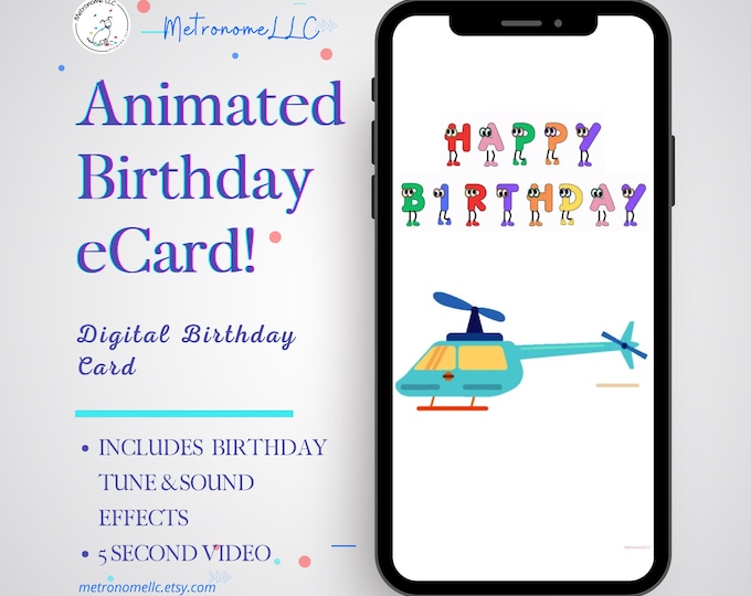 Featured listing image: Birthday Card For Kid, Musical Animated Happy Birthday Helicopter Sound Effect, Textable Instant Download Digital eCard DIY Last Minute Gift