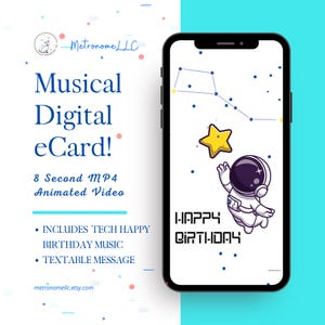 Musical Animated Birthday Card, Space Astronaut & Techie Happy Birthday Song, Instant Download eCard Gift, DIY Last Minute Textable e-Card