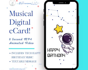 Musical Animated Birthday Card, Space Astronaut & Techie Happy Birthday Song, Instant Download eCard Gift, DIY Last Minute Textable e-Card