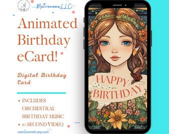 Musical Animated Birthday Card, Digital Birthday eCard, Orchestral Happy Birthday Music, Last Minute Gift, Fairy DIY Social Media Message