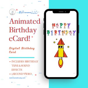 Happy Birthday Card for Kids, Space Rocket Musical Animated eCard & Sound Effects! Instant Download, Textable Digital DIY Last Minute Gift