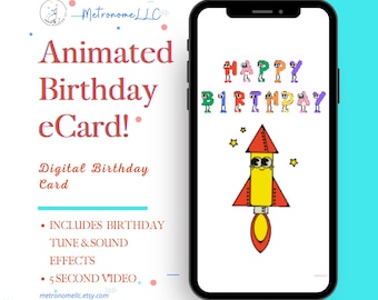 Happy Birthday Card for Kids, Space Rocket Musical Animated eCard & Sound Effects! Instant Download, Textable Digital DIY Last Minute Gift
