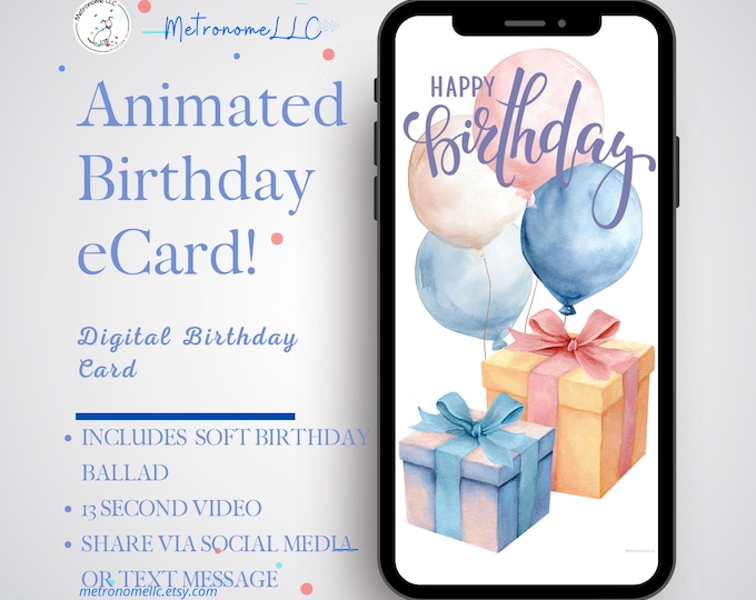 Featured listing image: Musical Animated Birthday Card, Instant Download, Watercolor Balloon Digital e-Card Text, Soft Happy Birthday Ballad, Last Minute eCard Gift