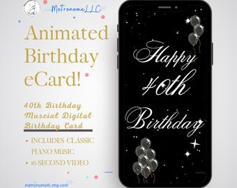 40th Birthday Card, Balloon Musical Animated Birthday e-Card & Classical Music, Last Minute Digital Download eCard Birthday Card Gift