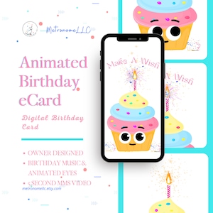 Musical Animated Birthday Card, Cupcake Wish e-Card, Instant Download Digital Birthday eCard, Happy Birthday Song, Last Minute Gift, Texting