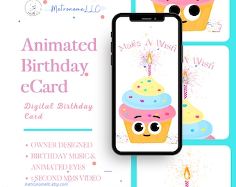 Musical Animated Birthday Card, Cupcake Wish e-Card, Instant Download Digital Birthday eCard, Happy Birthday Song, Last Minute Gift, Texting