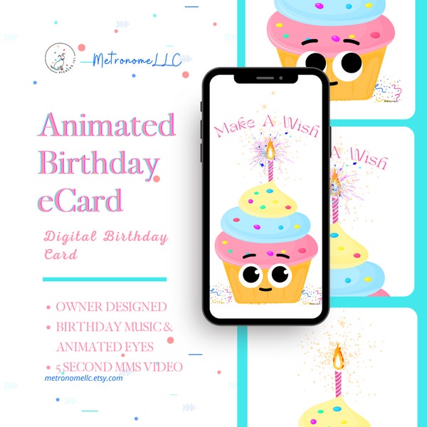 Musical Cupcake Wish Animated Birthday Card, Instant Download Digital Birthday eCard For Her, Happy Birthday Song, Last Minute Gift, Texting