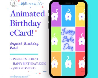 Musical Animated Birthday Card, Cat Tail eCard Happy Birthday Card, Last Minute DIY Instant Download Gift, Text Message App, Upbeat HBD Song