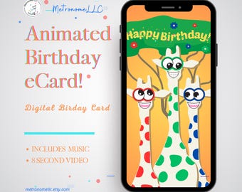 Kids Birthday Card, Googly-Eyed Giraffe Animated Birthday Card, Children's Digital Birthday eCard & Song, DIY Social Media Message App Gift