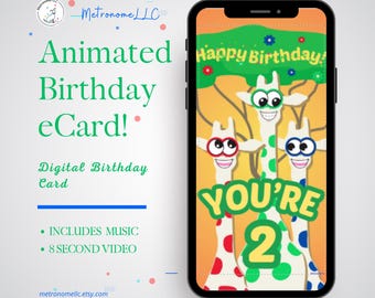 2nd Birthday Card, Wacky Giraffe Animated Birthday eCard, Kids Digital Birthday Card & Birthday Song, DIY Social Media or Message App Gift