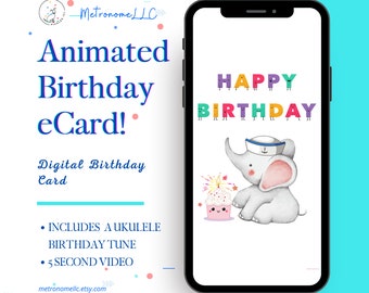 Animated Birthday Card - Baby Elephant Cupcake Instant Download Digital eCard, Sweet Ukulele Birthday Song, Last Minute Gift