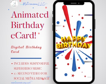 Musical Animated Birthday Card, Superhero Happy Birthday eCard, Last Minute Instant Download Digital eCard Gift, DIY Social Media Message