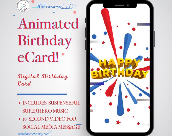 Featured listing image: Musical Animated Birthday Card, Superhero Happy Birthday eCard, Last Minute Instant Download Digital eCard Gift, DIY Social Media Message