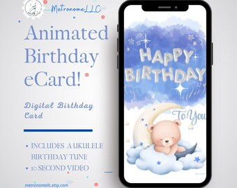 Musical Animated Birthday Card, Baby Bear Sleeping on Cloud, Soft Ukulele Song, Instant Download Digital eCard, DIY Last Minute Text Gift