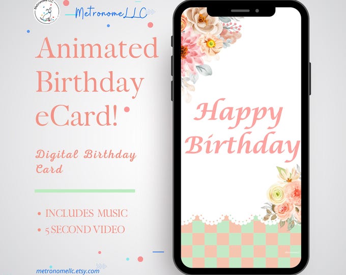 Featured listing image: Musical Animated Birthday Card, Instant Download Digital Birthday eCard, Happy Birthday Tune, Classic Piano Music, eCard Birthday Card, Text