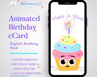 Musical Cupcake Wish Animated Birthday Card, Instant Download Digital Birthday eCard, Happy Birthday Song, Last Minute Gift, Floating Stars