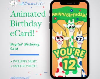 12th Birthday Card, Wacky Giraffe Animated Birthday eCard, Kids Digital Birthday Card & Birthday Song, DIY Social Media or Message App Gift