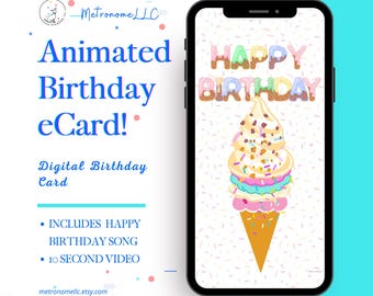 Musical Animated Birthday Card, Happy Birthday Card, Last Minute Instant Download Digital e-Card, DIY Social Media Textable Gift, Ice Cream